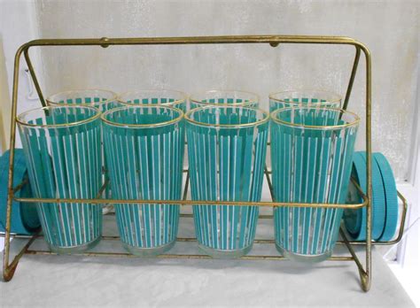 Vintage 1960s Drinking Glasses Striped Turquoise And Gold With