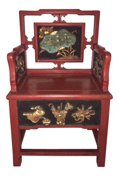 Decorative Antique Red Chinese Arm Chair With Lotus Panel On Chairish