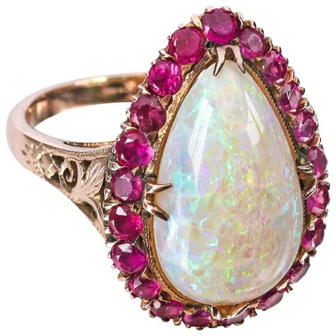 C 1930 S Large Teardrop Opal Ruby Rose Gold 14 KT Ring Size 6 75 7