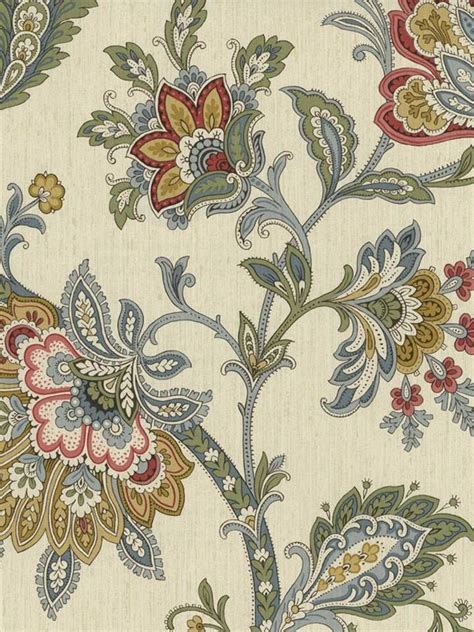 Wallpaper Traditional Jacobean Floral Multi Color On Cream Red Blue