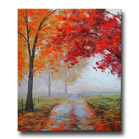 Realistic Oil Painting Fall Trees Impressionism Misty Road Art