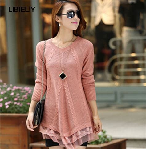 lace women sweater dress nice spring autumn winter new fashion plus size o neck long knitted