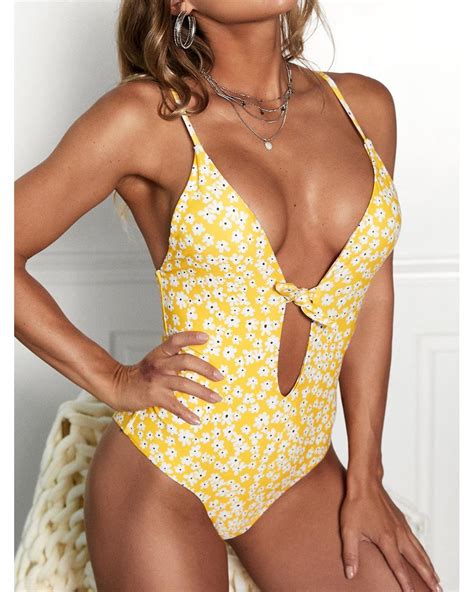 Zaful One Piece Floral Tied Backless Keyhole One Piece Swimsuit In