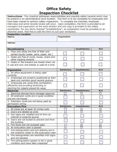 Office Safety Inspection Checklist In Word And Pdf Formats