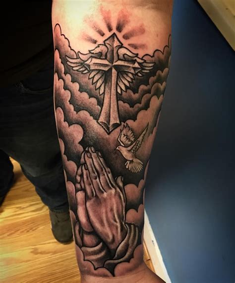 Praying Hands Tattoo With Clouds And Doves