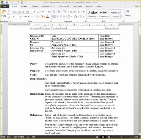 Free Business Process Template Word Of Bank Reconciliation