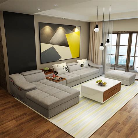 living room furniture modern L shaped fabric sectional sofa set design
