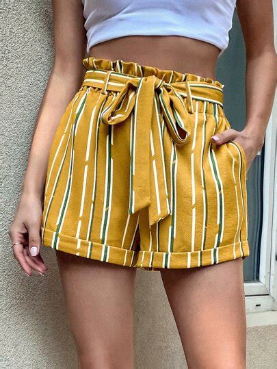 Search Striped Belted Paperbag Shorts Shein Usa