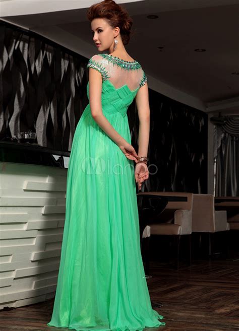Green Beading Jewel Neck Chiffon Womans Evening Dress
