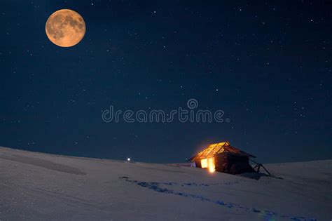 Winter Landscape With A Starry Sky And The Full Moon Stock Photo