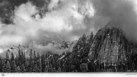 Black And White Image Rocks Mountains Clouds Trees Landscape 4k Hd