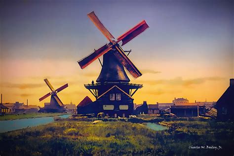 Digital Oil Painting Of Two Windmills In Holland Charles W Bailey