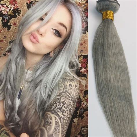 Silver Grey 100 Human Remy Hair Weave Extension Straight Bundle Hair