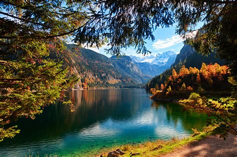 Lake Gosausee In Autumn Salzkammergut Austria Stock Photo