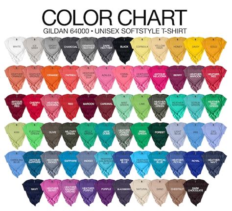 Gildan 64000 Color Chart 70 Colors Gildan Softstyle T Shirt Etsy