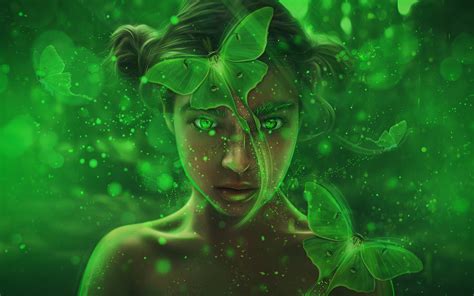 Download 2560x1600 Fairy Girl Fantasy Woman Forest Green Butterflies