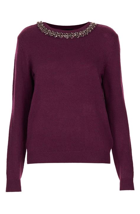 Topshop Embellished Neck Sweater In Purple Deep Berry Lyst