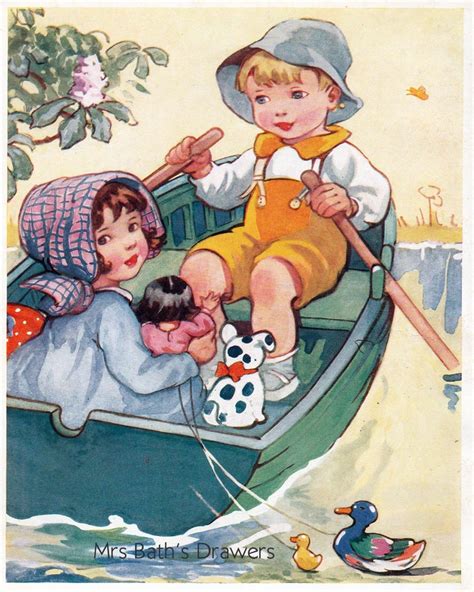 Vintage Childrens Illustration Children Rowing A Boat 1930s Etsy