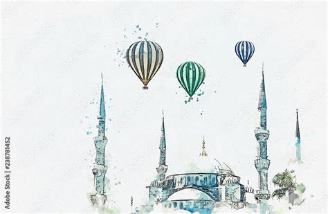 A Watercolor Sketch Or Illustration The Famous Blue Mosque In Istanbul