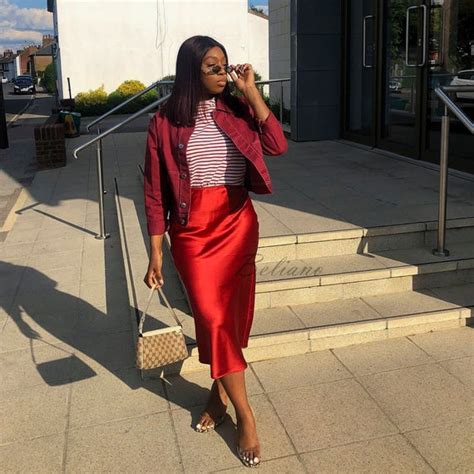 Red Silk Skirt Midi Long Fall Trend Looks Street Style Women Slip Silk