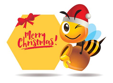 merry christmas cartoon cute bee carries honey pot with big merry christmas greeting signboard