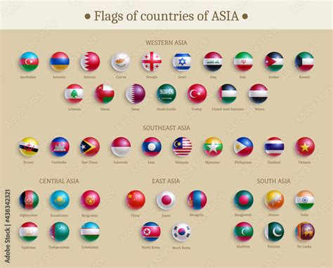 Flags Of Countries Of Asia Glossy Buttons Set Banner With Asian