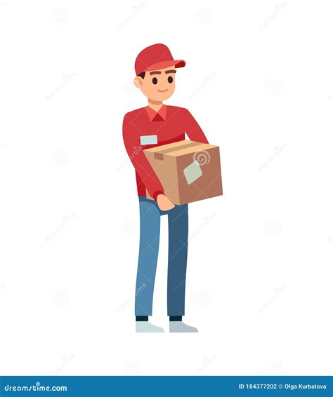 Delivery Man With Box Young Courier In Hat And Uniform Standing
