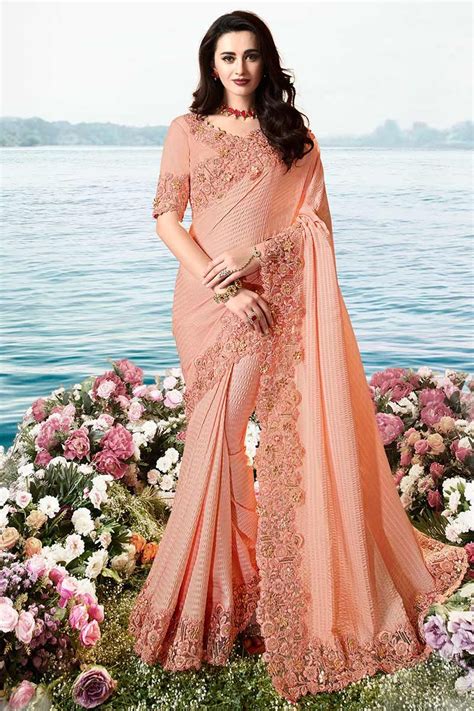 Peach Colour Silk Saree With Resham Work In 2021 Fancy Sarees Party Wear Sarees Saree Designs