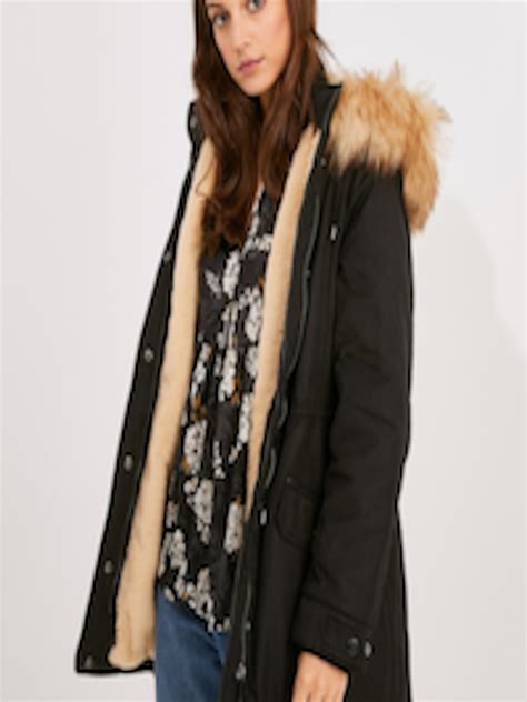 buy promod women black solid detachable hood parka coat coats for women 10918276 myntra