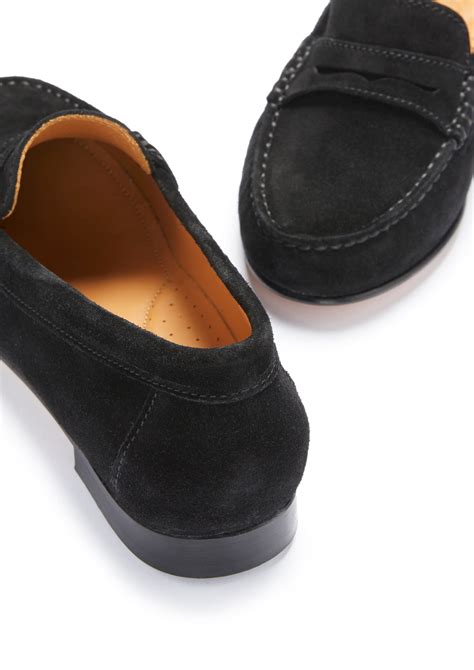 Womens Penny Loafers Leather Sole Black Suede Hugs And Co