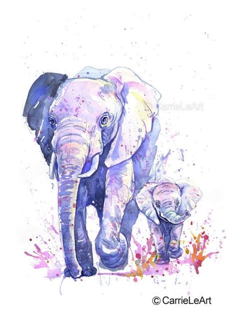 Watercolor Elephant Print Mother And Baby Elephant Painting Elephant