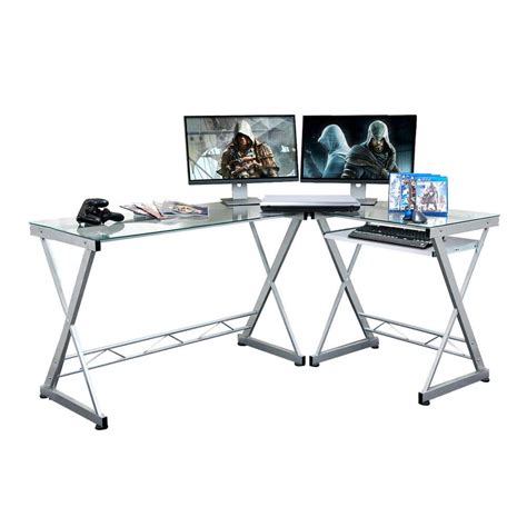 Clihome 6175 In L Shaped Clear Computer Desk With Pull Out Keyboard