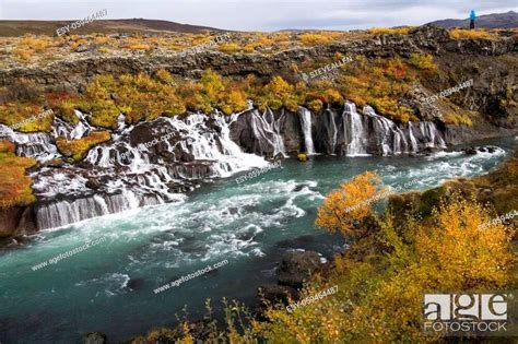 Hraunfossar Waterfalls And The Hvita River In Husafell Iceland Stock