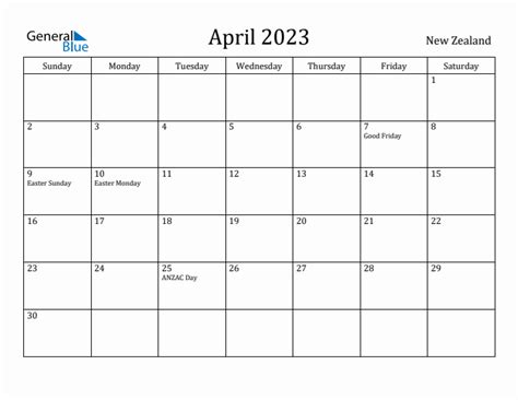 April 2023 Monthly Calendar With New Zealand Holidays