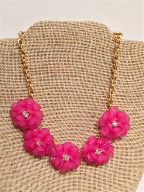 J Crew Inspired Fuchsia Flower Statement Necklace Gold Chain By