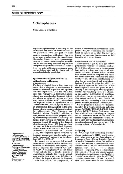 Schizophrenia Journal Of Neurology Neurosurgery And Psychiatry