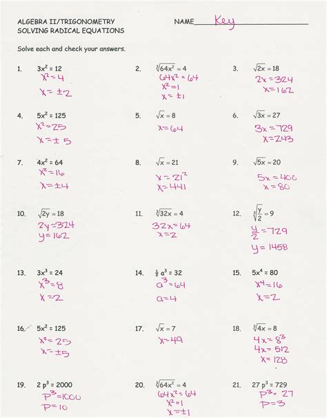Solving Radical Equations Worksheet Algebra 2