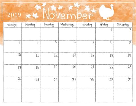 Watercolor November 2019 Calendar Free Printable Calendar Templates