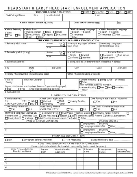 Head Start And Early Head Start Enrollment Application Form Fill Out