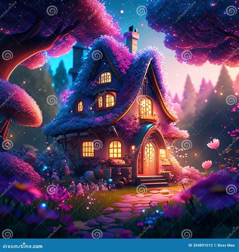 3d Illustration Of A Fairy Tale House In The Forest At Night Generative