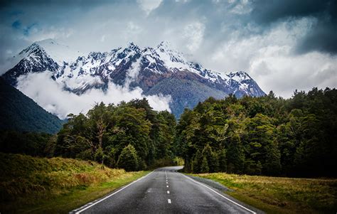 Papeis De Parede Montanhas Nova Zelândia Estradas Céu Neve Asfalto