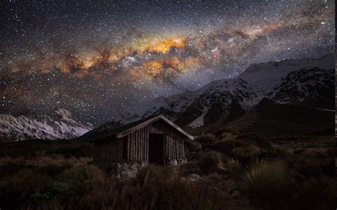 Nature Landscape Starry Night Hut Milky Way Snowy Peak Grass Mountain