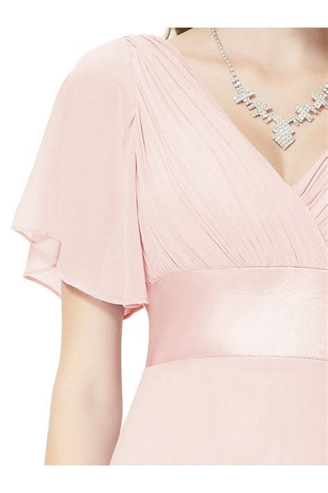 Pink Chiffon Double V Neck Ruffles Padded Evening Dress 45 Ep09890pk