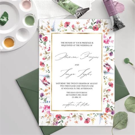 Wildflowers Wedding Invitation Template Pink Flower Rustic Etsy
