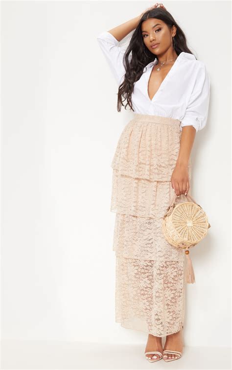 Blush Lace Tiered Maxi Skirt Skirts Prettylittlething Ca