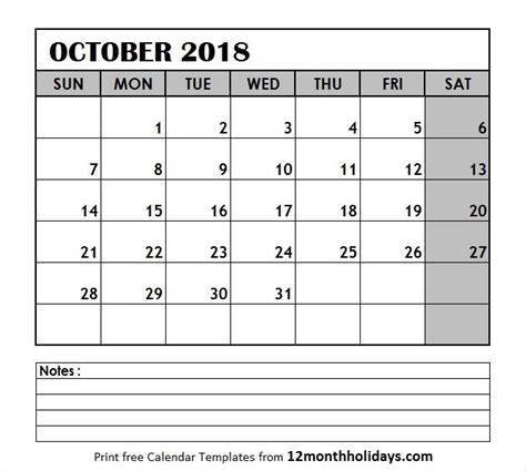 Print Free October 2018 Calendar Template With Notes Download Monthly