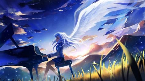 Anime Girl Angel White Hair Play Piano Wallpaper