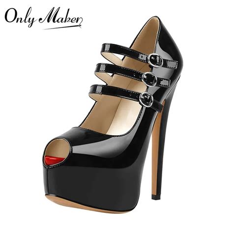 onlymaker women black peep toe mary jane platform buckle pumps ankle strap stiletto high heels
