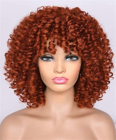 Orange Afro Kinky Curly Wig With Bangs Puffy Yellow Short Curly Womens