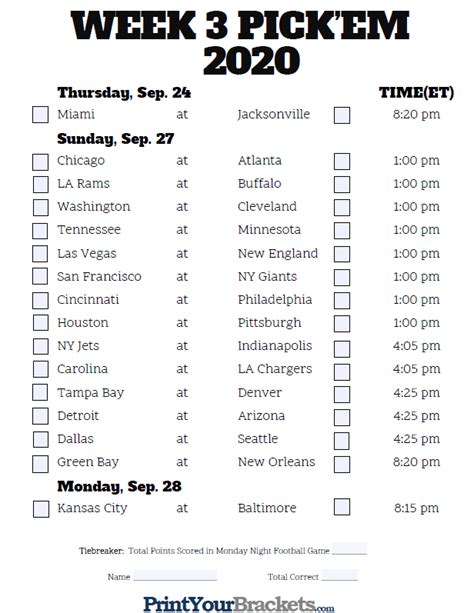 Each week you'll pick which nfl teams will win their games. Fillable Week 3 NFL Pick'em Sheet - 2019